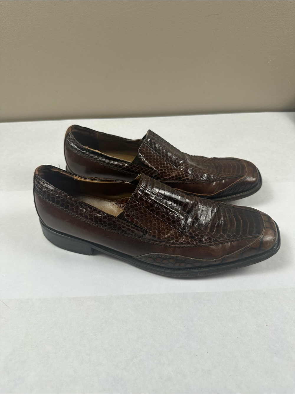 Stacy Adams Dark Brown Textured Genuine Snake and Leather Slip-On Loafers